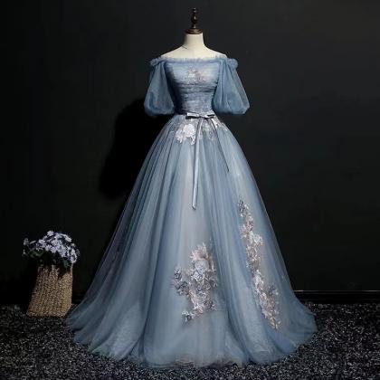 Unique Gray Blue Tulle Lace Applique Long Prom..