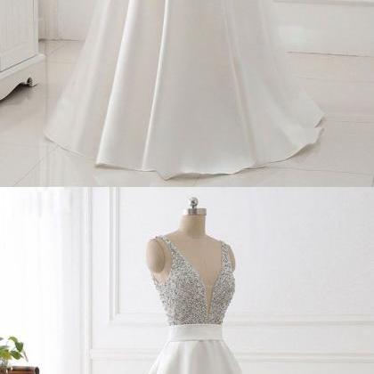 Charming White Prom Dress,deep V-neck Sexy Long..