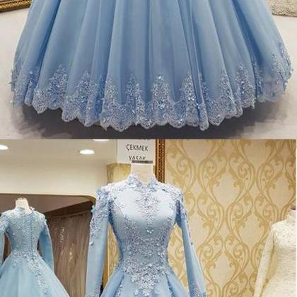 Blue Tulle Party Dress, High Neck Formal Evening..