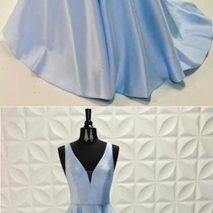 Simple Sky Blue Evening Dress, Satin V Neck Prom..