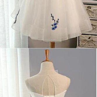 A Line, White Embroidery, Short Knee-length, Tulle..
