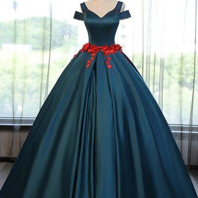 Ball Gown ,v Neck, Appliques ,long , Modest Prom..