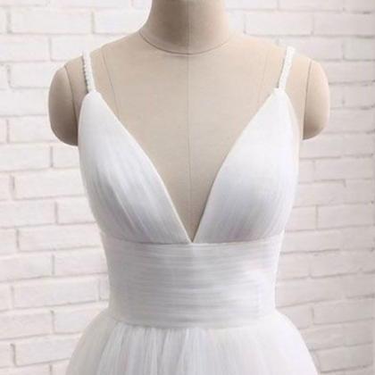 Simple White, V Neck Long Prom Dress, White..
