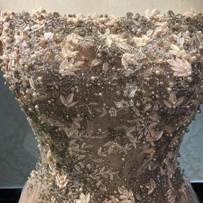 Champagne Lace ,applique Tulle, Long Prom Dress,..