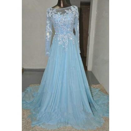 Bateau Prom Dresses, Blue Long Prom Dresses, Baby..