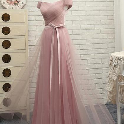 Pink Tulle Off Shoulder ,a Line Long Prom Dress,..