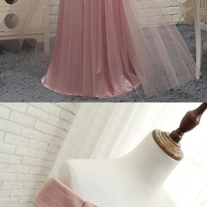Pink Tulle Off Shoulder ,a Line Long Prom Dress,..