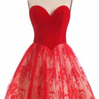 Cute Short Red Prom Dress, Lace Homecoming Dress..