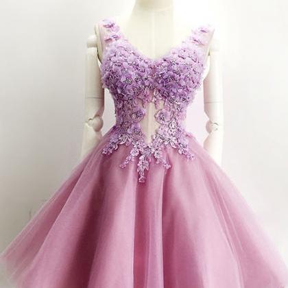 Pink Homecoming Dress,lace Appliques Prom Dress,v..