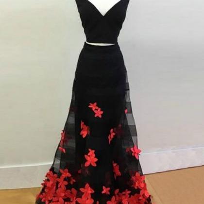 Flower Applique Prom Dresses, Vintage Black V-neck..