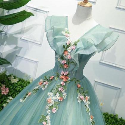 Custom Made 3d Flower Appliques Prom Dress,sexy V..