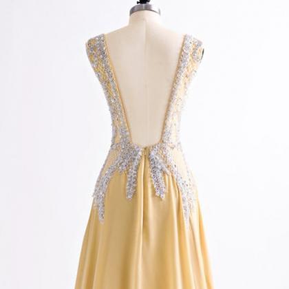 Charming V Neck Yellow Chiffon Ruffles Slit Long Evening Dress Party Gown SP230