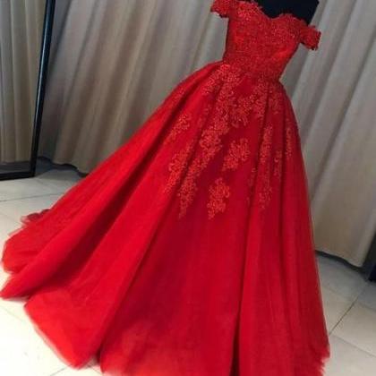 Off Shoulder Ball Gown Red Lace Party Dress A-line..