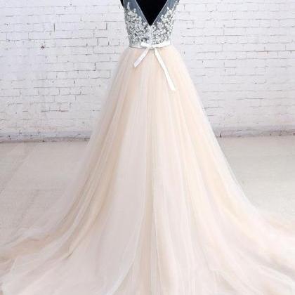Champagne V Neck Lace Tulle Long Prom Dress,..
