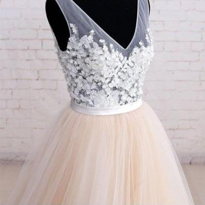 Champagne V Neck Lace Tulle Long Prom Dress,..