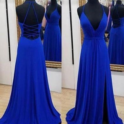 V Neck Evening Dress Royal Blue Party Dress..