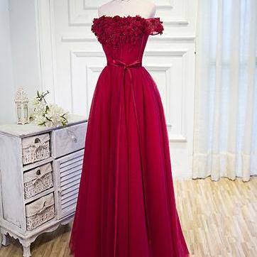 Long Prom Dresses,red A-line Off-the-shoulder..