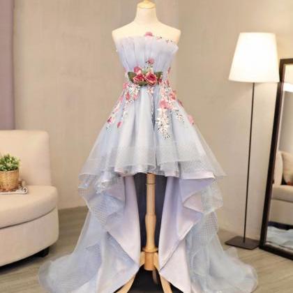 Sky Blue Tulle Strapless High Low Flower Appliques..