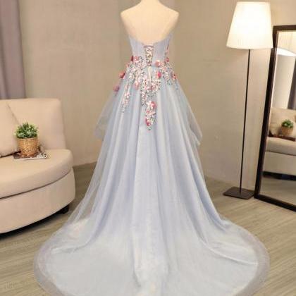 Sky Blue Tulle Strapless High Low Flower Appliques..