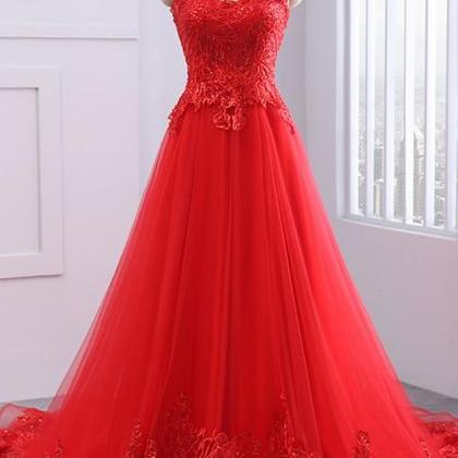 Red Lace Party Dress Tulle Long Prom Dress,..