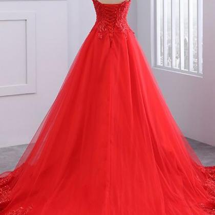 Red Lace Party Dress Tulle Long Prom Dress,..