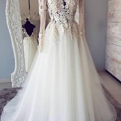 White Round Neck Lace Applique Long Prom Dress,..