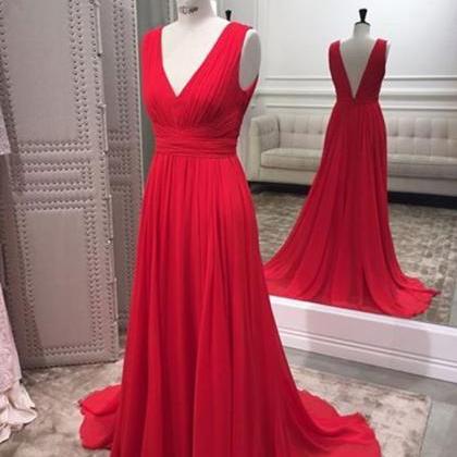 Simple Red V Neck Chiffon Long Prom Dress, Red..