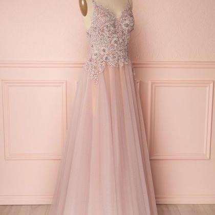 Pink V Neck Tulle Lace Applique Long Prom Dress,..