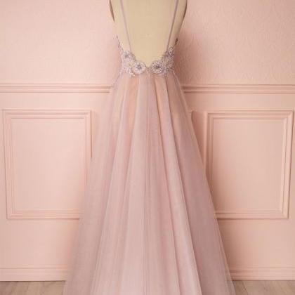 Pink V Neck Tulle Lace Applique Long Prom Dress,..
