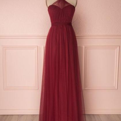 Burgundy Tulle Sweetheart Long Prom Dress,..