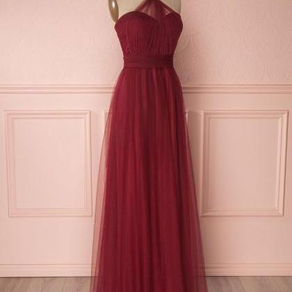 Burgundy Tulle Sweetheart Long Prom Dress,..
