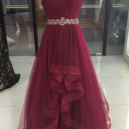 Burgundy Sweetheart Tulle Long Prom Dress,..