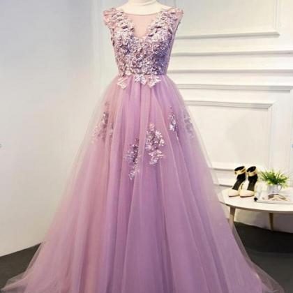 A Line Lace O Neck Tulle Evening Gowns,applique..