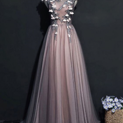 Tulle Sleeveless Long Beaded Evening Dress With..