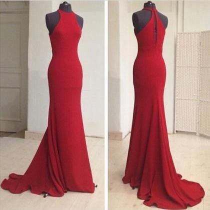 Sheath Chiffon Prom Dress, Red Prom Dress, Halter..
