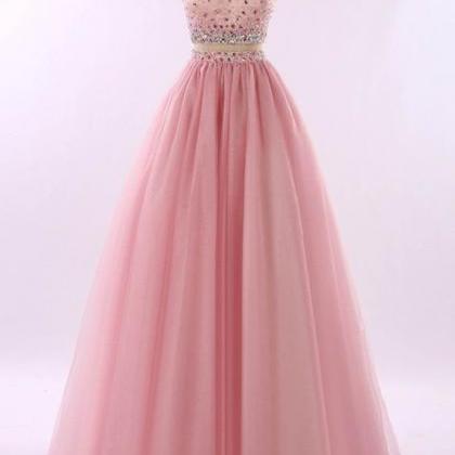 Pink Tulle Two Pieces One Shoulder Beading V-neck..