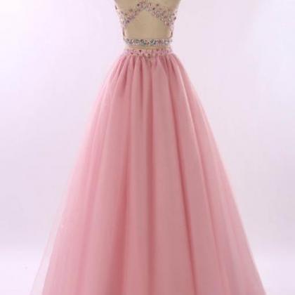 Pink Tulle Two Pieces One Shoulder Beading V-neck..