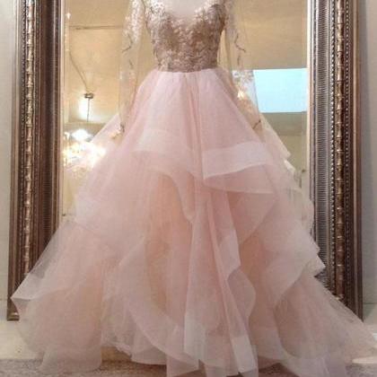 Unique Champagne Pink Tulle Lace Long Prom Dress,..