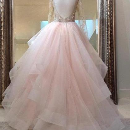 Unique Champagne Pink Tulle Lace Long Prom Dress,..