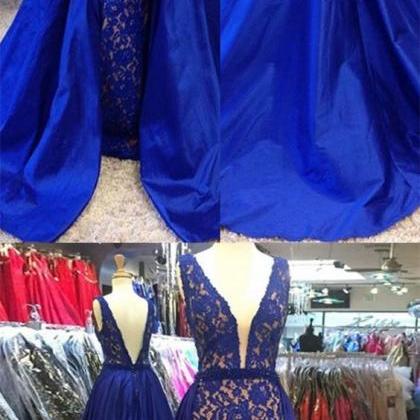 Pleated V-neck Ruffles Sheath Dress With Sweep Train Royal Blue