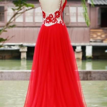 Pretty Red Tulle Long Sweetheart Open Back Prom..