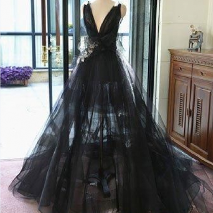 Black Prom Dress, V Neck Tulle Party Dress, Long..