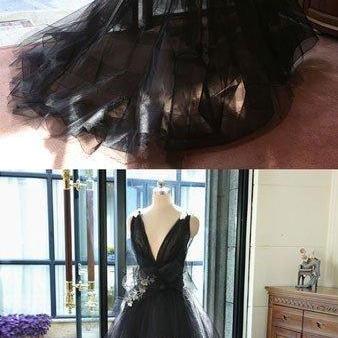 Black Prom Dress, V Neck Tulle Party Dress, Long..