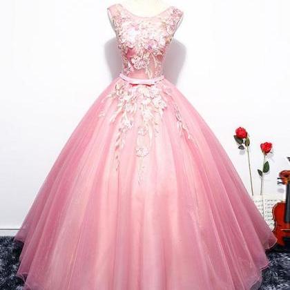Pink Round Neck Party Dress, Lace Tulle Long Prom..