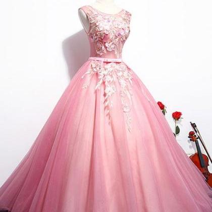Pink Round Neck Party Dress, Lace Tulle Long Prom..