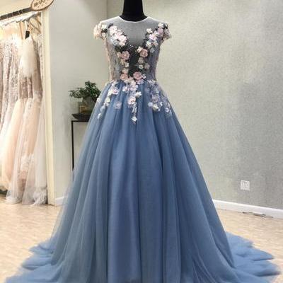 Blue Tulle See Through Back Long 3d Lace Flower..