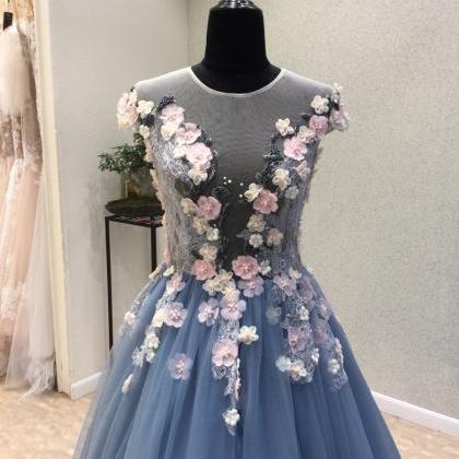 Blue Tulle See Through Back Long 3d Lace Flower..