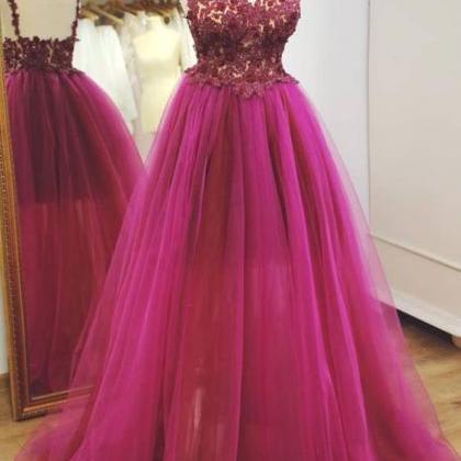 Cute Lace Tulle Long Prom Dress, Cute Tulle..