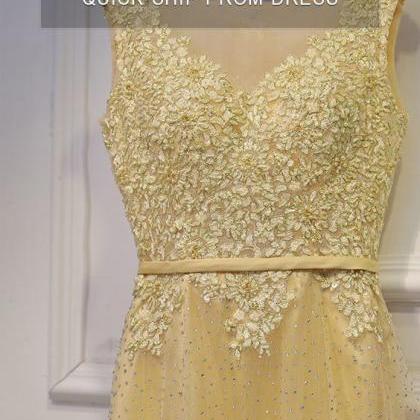 Long Champagne Sleeveless Prom Dres..