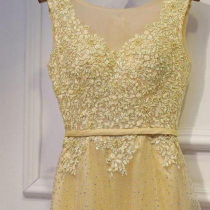 Long Champagne Sleeveless Prom Dres..
